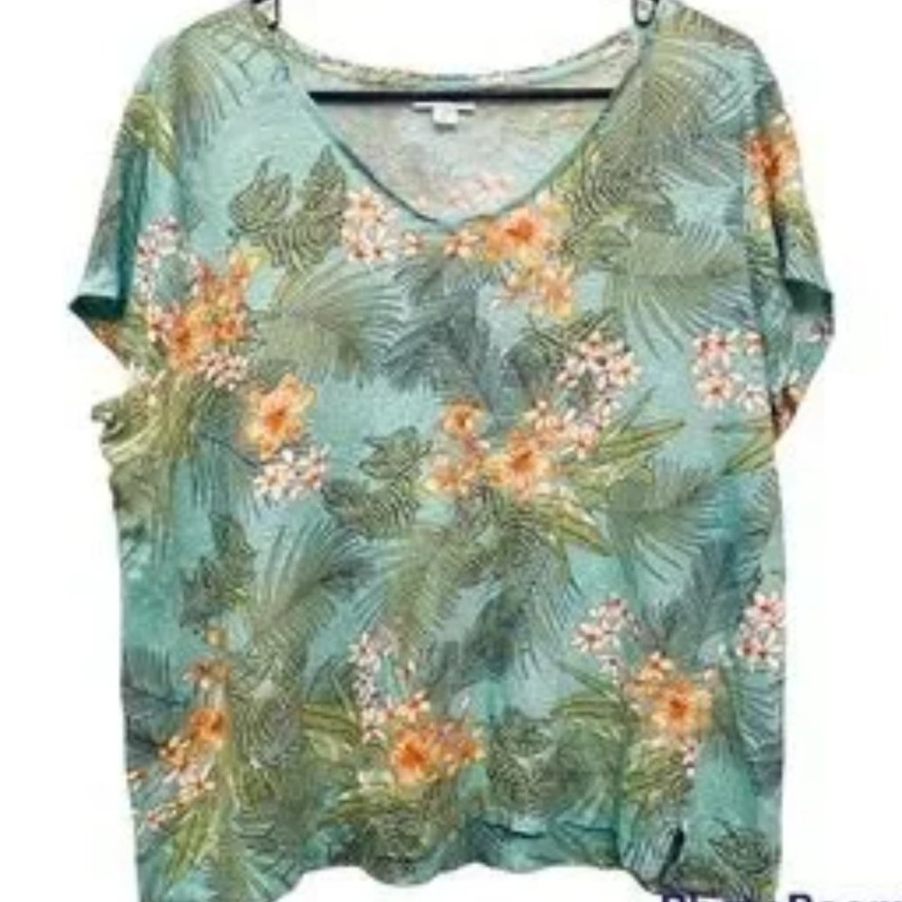 *J. Jill Love Linen* Short Sleeve Knit Top  Tropical Print Size XL